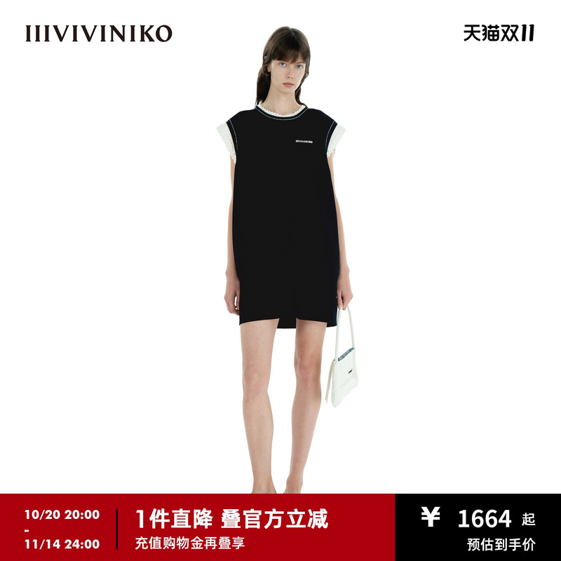 IIIVIVINIKO2025夏季新款时尚网格花边无袖连衣裙女B521161666C