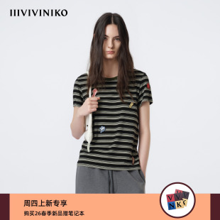 IIIVIVINIKO2026春新款 T恤女M610507320A 复古休闲圆领条纹短袖