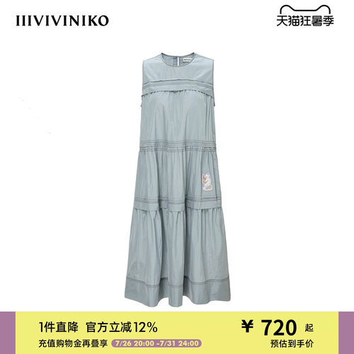 IIIVIVINIKO夏季新款猫咪印花淡人微褶无袖连衣裙女R520604059D