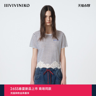 IIIVIVINIKO2026夏季新款复古蕾丝拼接条纹短袖T恤女M620135644E