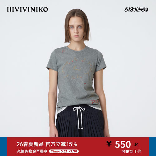 IIIVIVINIKO2026夏季新款休闲修身刺绣正肩T恤女M620517367C