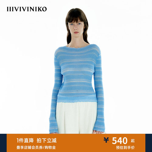 IIIVIVINIKO春季新款百搭不规则细条纹收腰套头衫女C510150649B