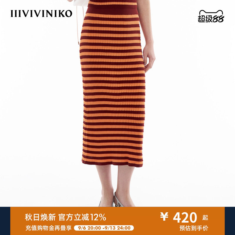 【丝光棉】IIIVIVINIKO春季新款多巴胺条纹微A型针织半身长裙女