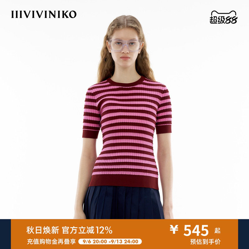 【丝光棉】IIIVIVINIKO春季新款细条纹针织短袖T恤女C410129610B
