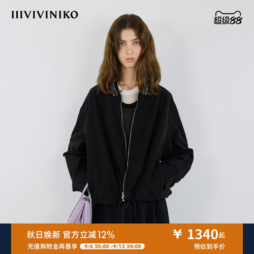IIIVIVINIKO秋季新款运动风撞色棒针领口抽绳外套女M530322035A