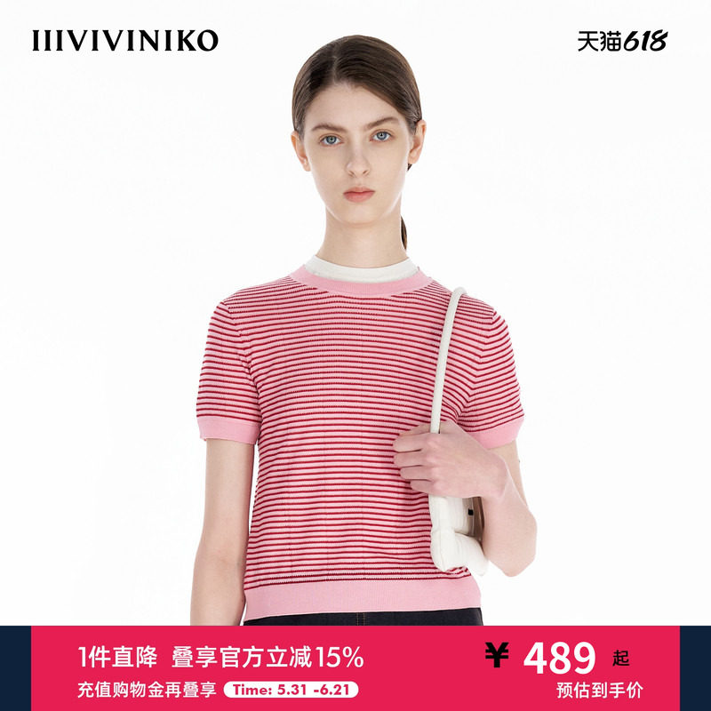 IIIVIVINIKO夏季新款休闲廓形细条纹针织套头衫R520102603C