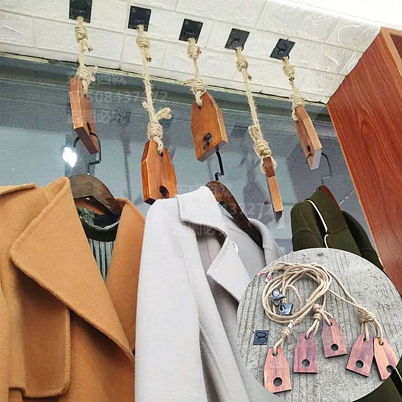 满5.00元可用0.05元优惠券服装店吊顶悬挂衣架橱窗童实木简约创意复古天花板女麻绳吊环展示