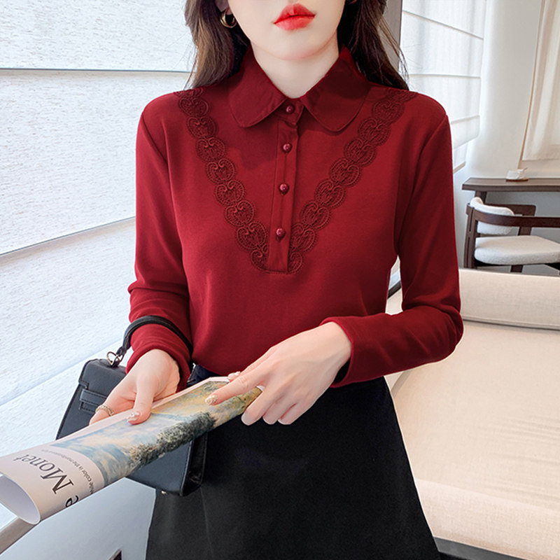 纯棉加绒打底衫女娃娃领刺绣上衣