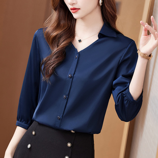七分袖雪纺衬衫女春季大码高端气质上衣洋气小衫V翻领百搭打底衫