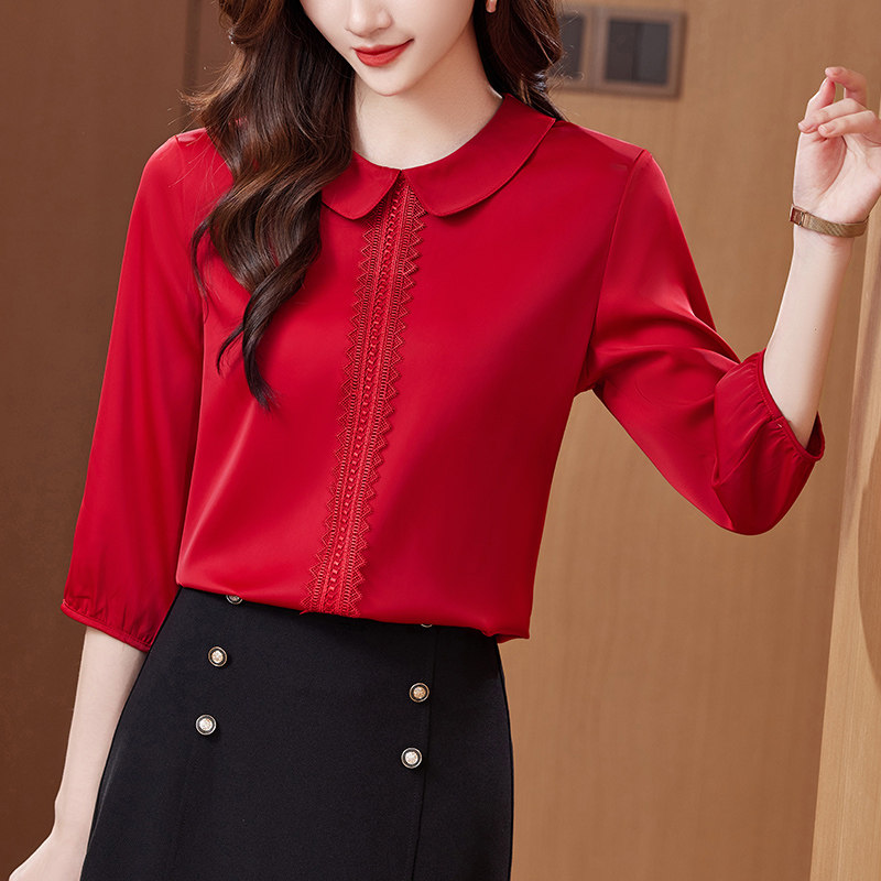 娃娃领衬衫七分袖女春秋装刺绣打底衫甜美雪纺衫大码显瘦漂亮上衣