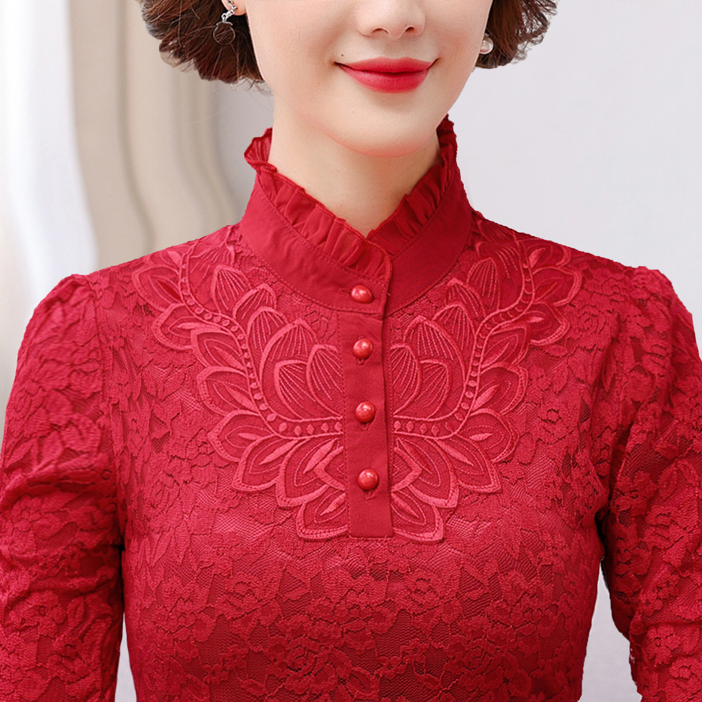 气质蕾丝衫女立领刺绣加绒打底衫