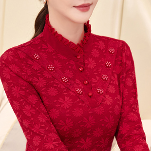 半高领蕾丝打底衫女加绒加厚高级感2024秋冬妈妈内搭小衫长袖上衣