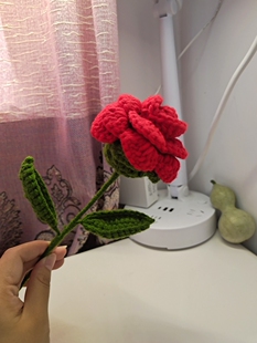 红玫瑰花永不凋谢的爱礼物纯手工毛线钩织编织叶子花托组装成品