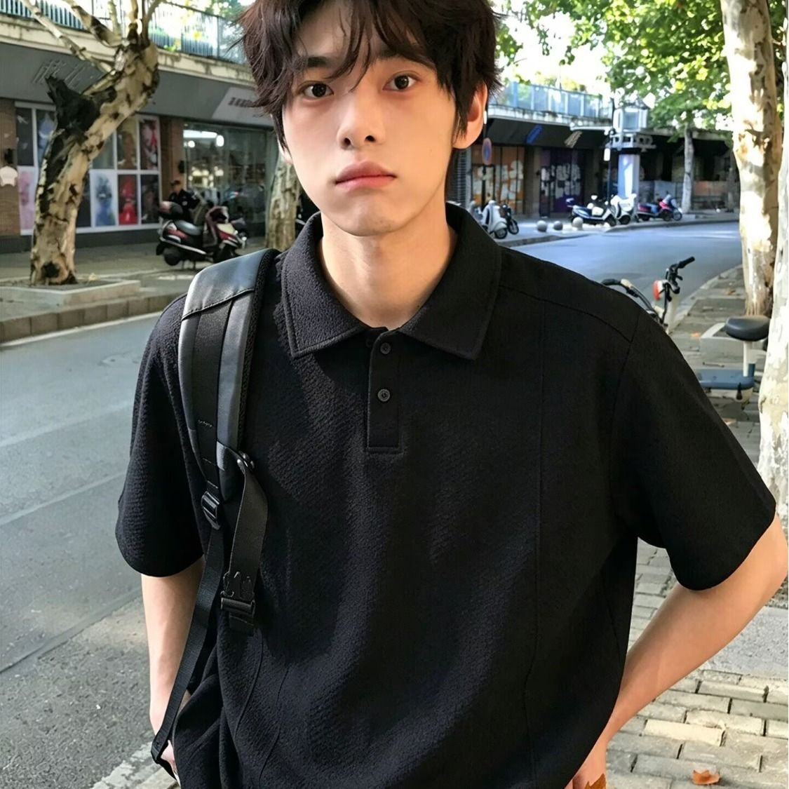 黑色翻领POLO衫男短袖夏季透气休闲T恤衫挺拔休闲学生初中高中服