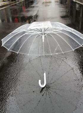 现货16骨弯钩透明雨伞长柄伞大号双人伞纤维骨白色骨架透明伞