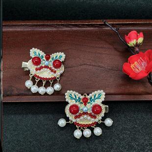 精致拜年高级感花朵原创侧边颜值中国国风醒狮发夹边夹女童红色