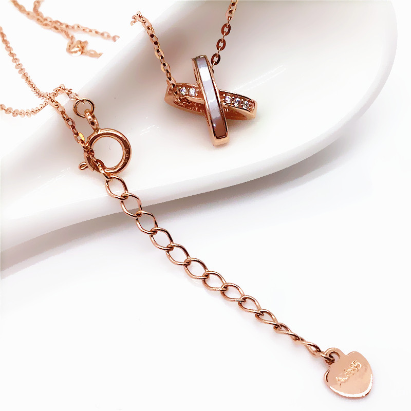 14K玫瑰金 紫金585紫金贝母锆石字母交叉套链14K彩金经典不褪色