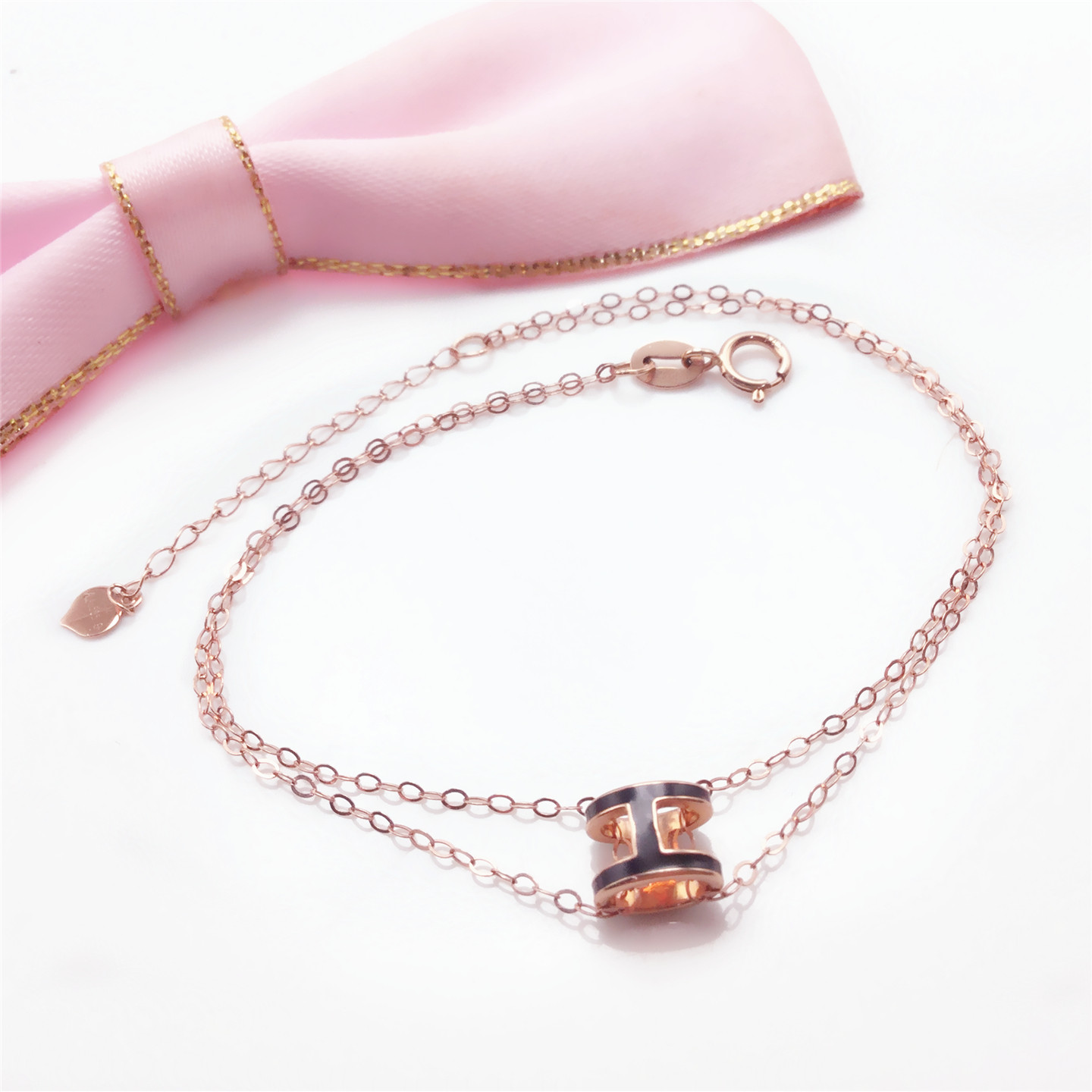 14k玫瑰金双层链条手链