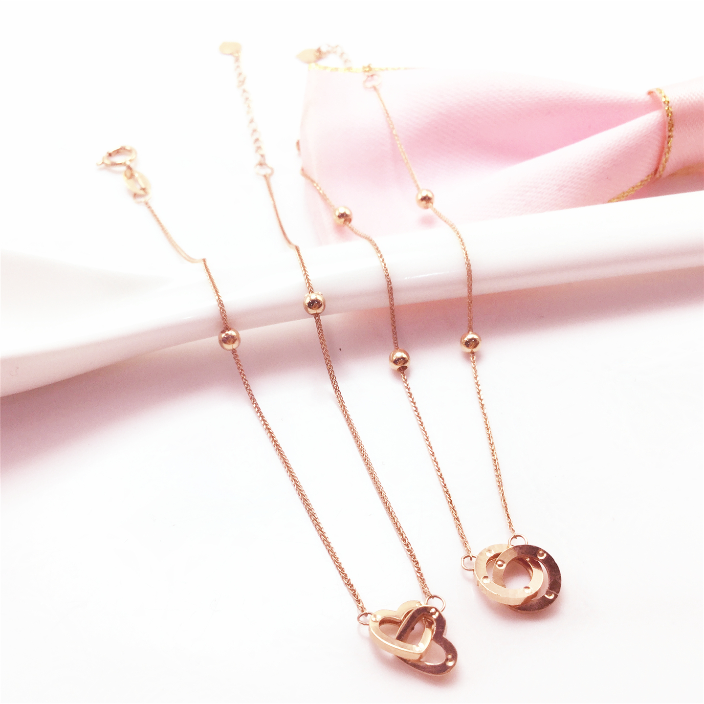 14k玫瑰金时尚玫瑰金双心手链高级感不掉色肖邦珠珠双环手链女士