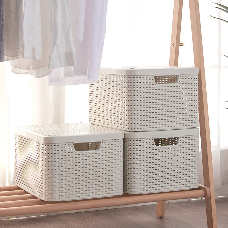 仿藤编收纳筐带盖塑料