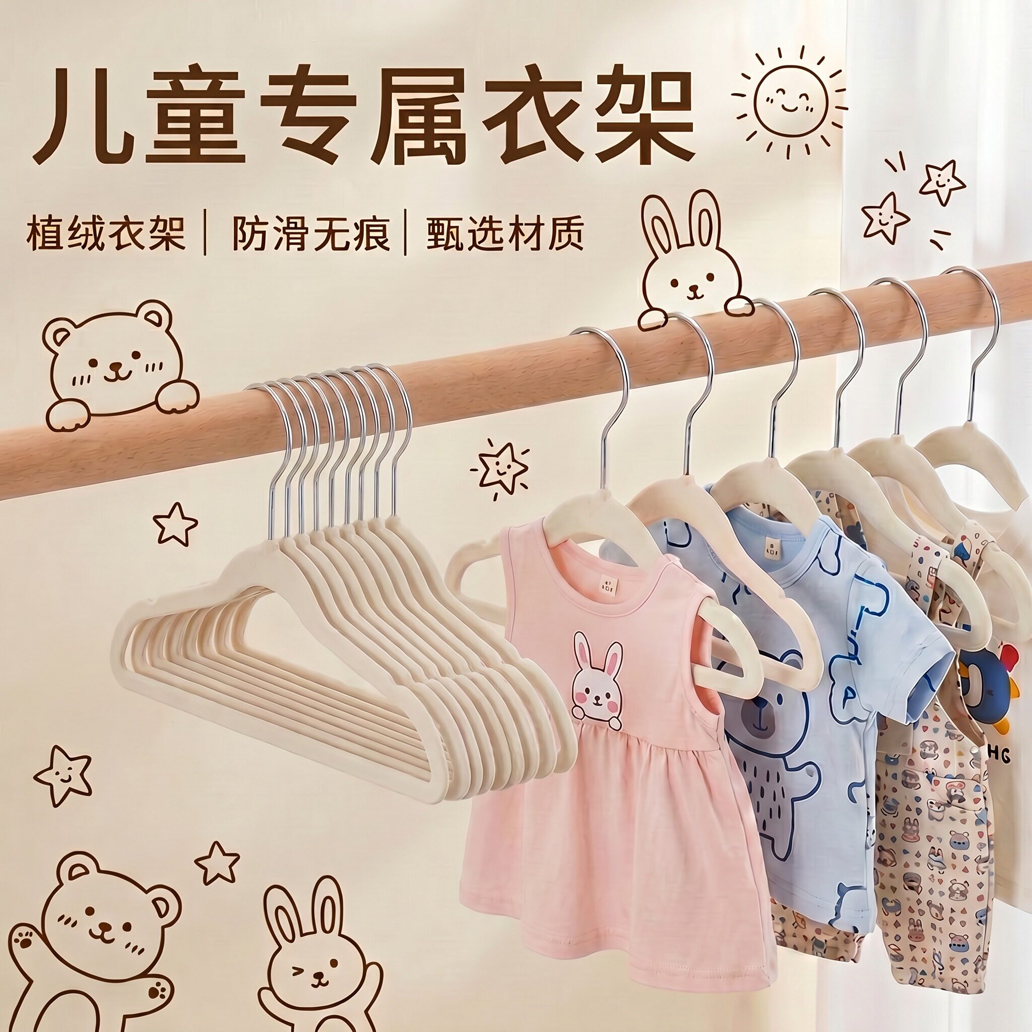 jekojeko儿童植绒衣架宝宝婴幼儿新生专用防滑无痕挂衣服晾衣