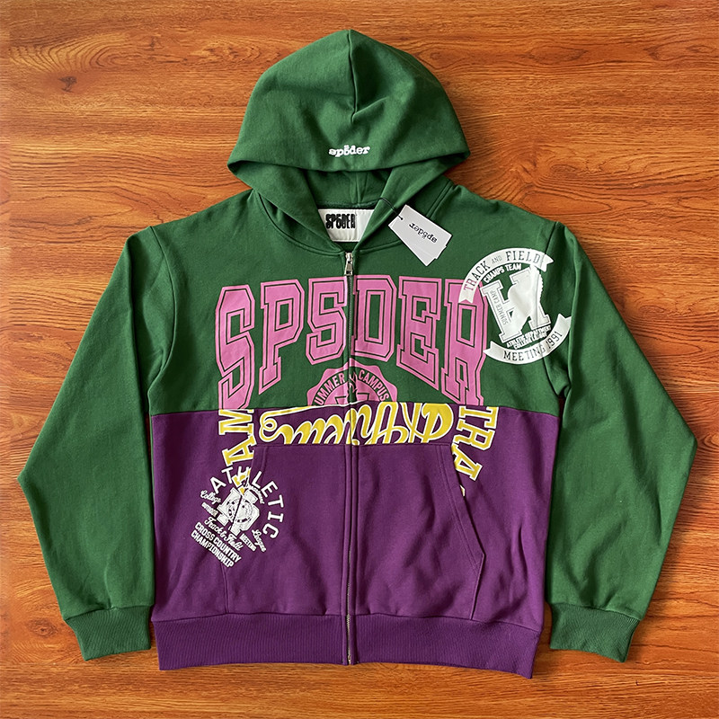 Sp5der 555555 Hoodies 拉链开衫男女款拼接连帽卫衣