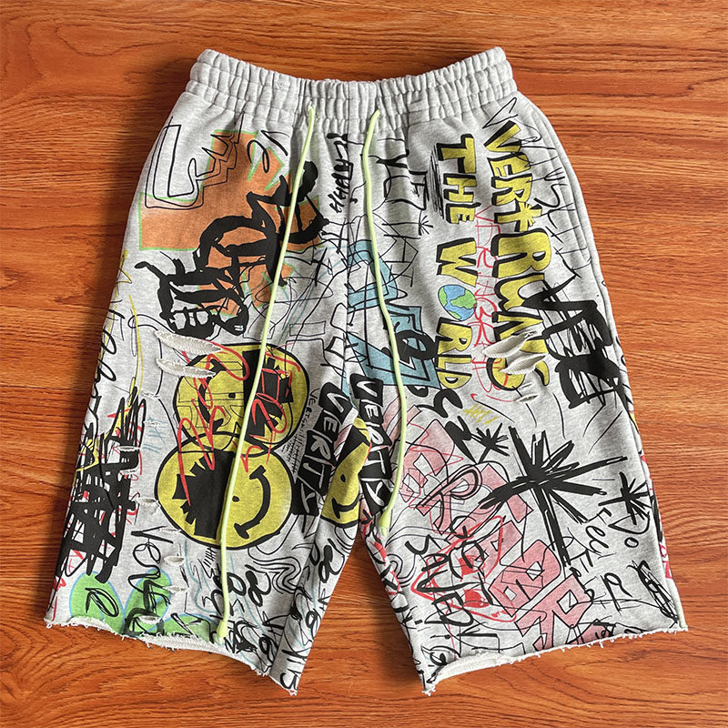 Vertabrae verty shorts 彩色手绘涂鸦印花毛边抽绳设计运动短裤