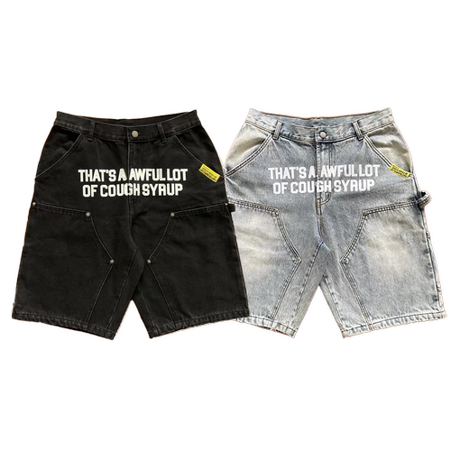 That's A Awful Lot of Cough Syrup印花烫钻休闲洗水牛仔短裤