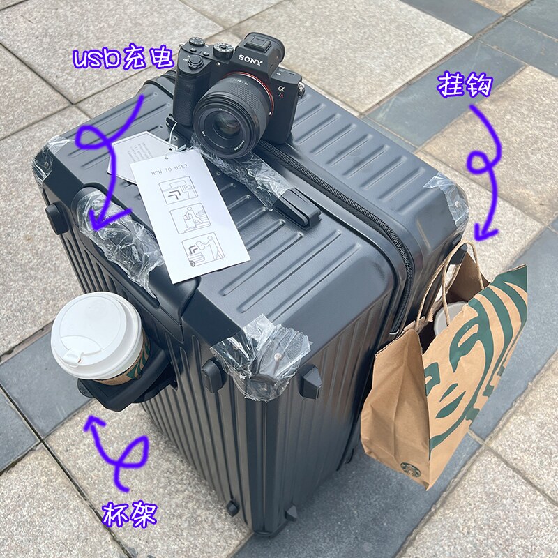行李箱女学生万向轮大容量拉杆箱可爱带杯架可充电旅行登机箱子男