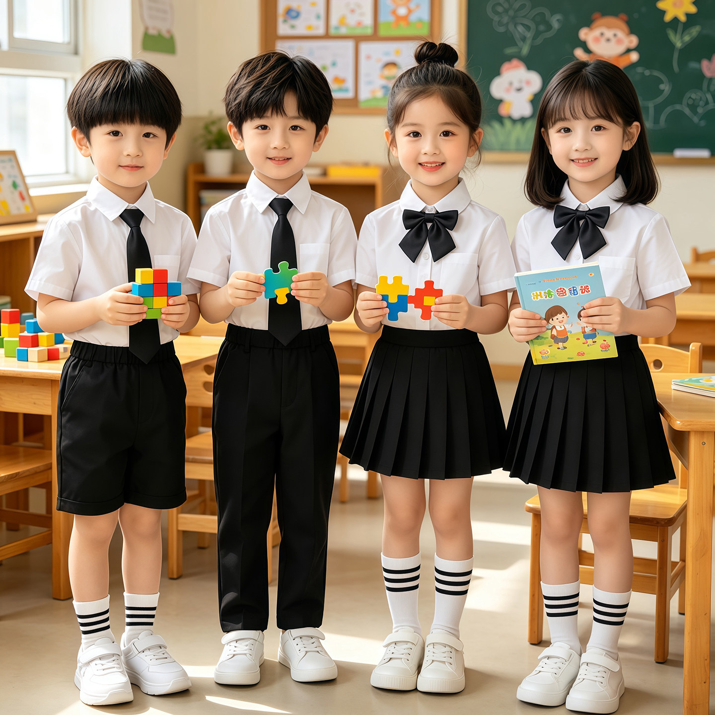 六一儿童白衬衫短袖黑裤男女童套装小学生表演合唱演出毕业照服装