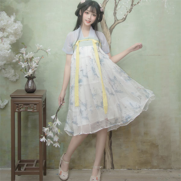 汉元素汉服女装改良汉服齐胸襦裙印花仙鹤爱莲说原创春秋日常款
