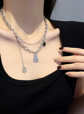 小熊锁骨链项链女夏ins嘻哈个