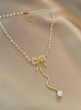 锆石蝴蝶结珍珠流苏项链女