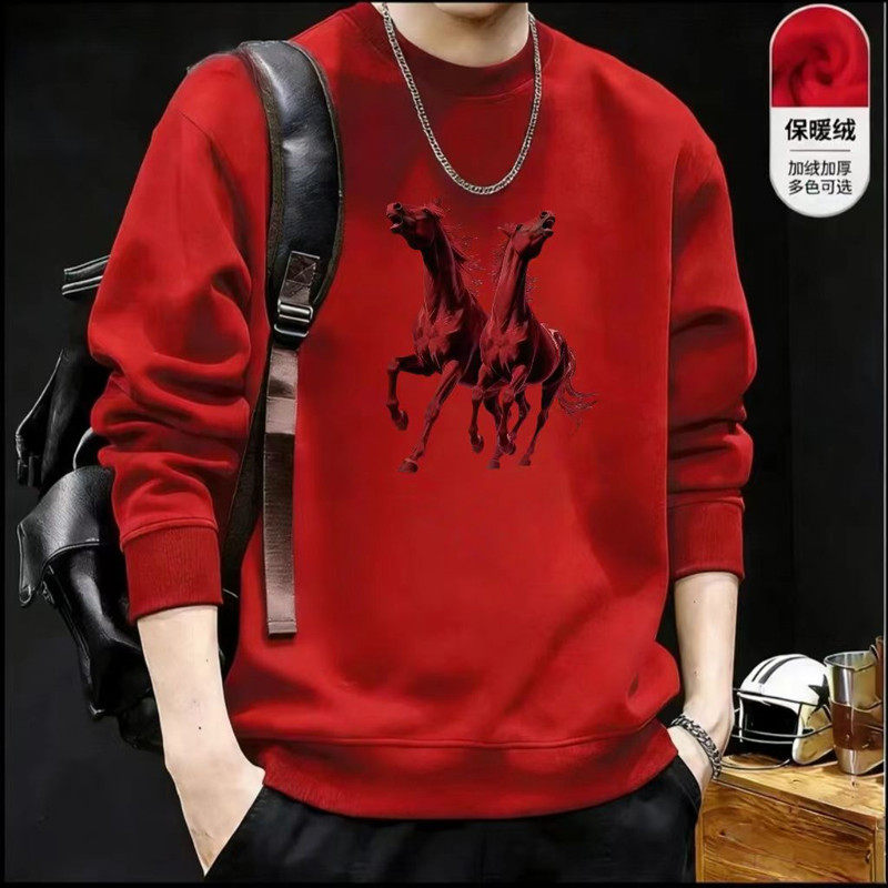 春秋冬季男士红色马年印花圆领卫衣加绒加厚保暖本命年新年上衣服