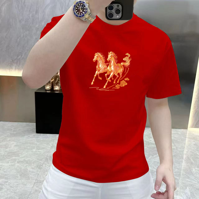 纯棉新年红色行好运男女同款短袖T恤夏季本命年男士修身打底上衣