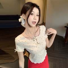 纯欲miu系蝴蝶结波点圆领短袖t恤女夏短款高腰bm小个子上衣有个性