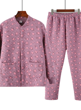 女士纯棉加厚睡衣睡裤中老年长袖保暖开衫内衣套装三层夹棉家居服