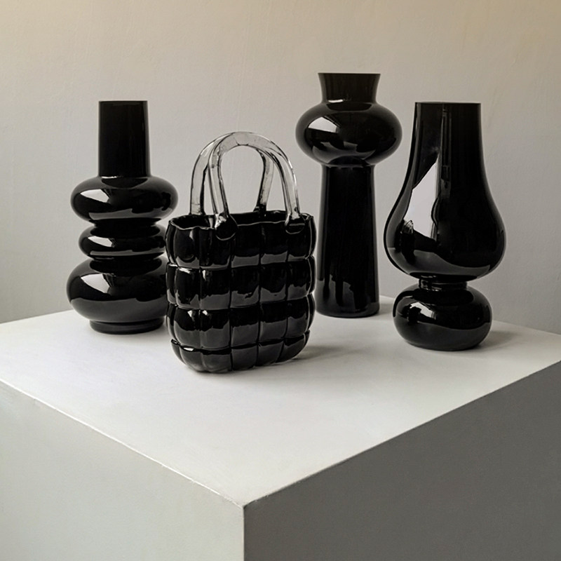 态生活 ins风创意个性黑色玻璃花瓶客厅餐桌插花中古法式水培花瓶,家居饰品,花瓶,淘宝优惠券,粉丝福利购,淘宝优惠卷