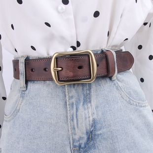 带 腰带休闲铜针扣裤 皮带女头层纯牛皮复古真皮擦色装 饰百搭牛仔裤
