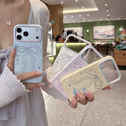 适用iphone18promax点钻蝴蝶结手机壳苹果17大孔光面16PRO保护15/14多巴胺撞色12女款11个性创意高级感保护套