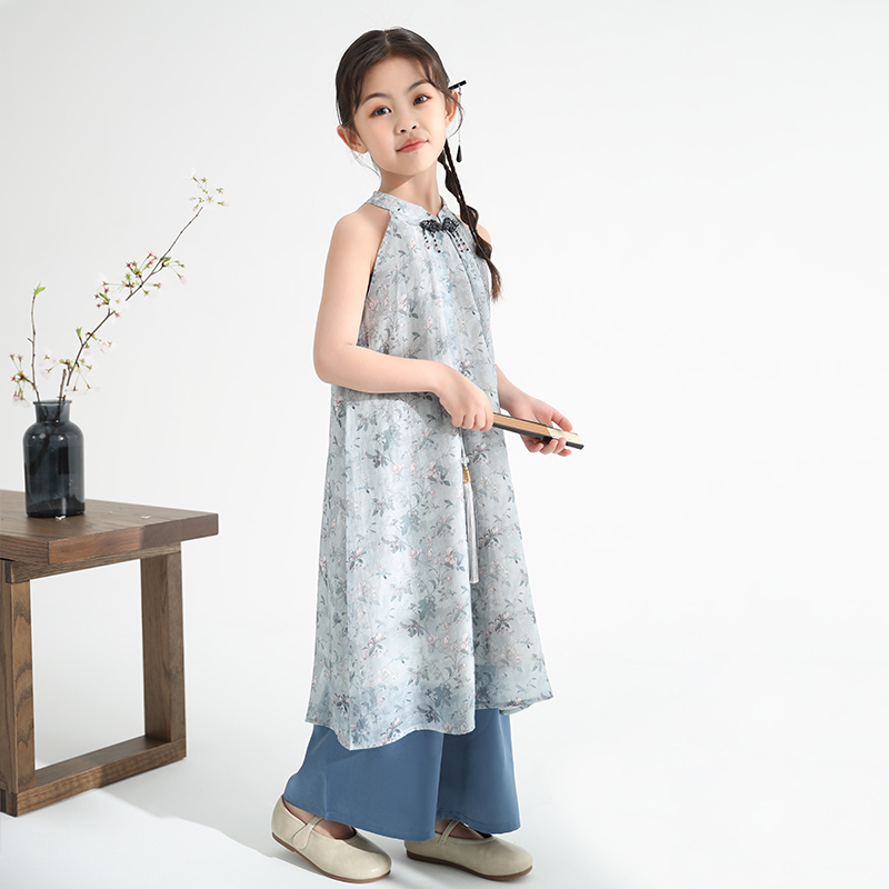 新中式女童旗袍裙全棉中长款改良版中国风飒气夏季无袖背心裙子
