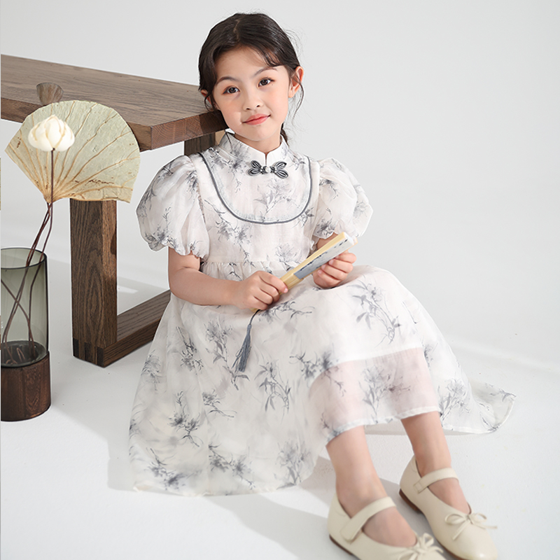 女童中国风改良版旗袍裙2024夏季新款新中式复古流苏盘扣雪纺裙子