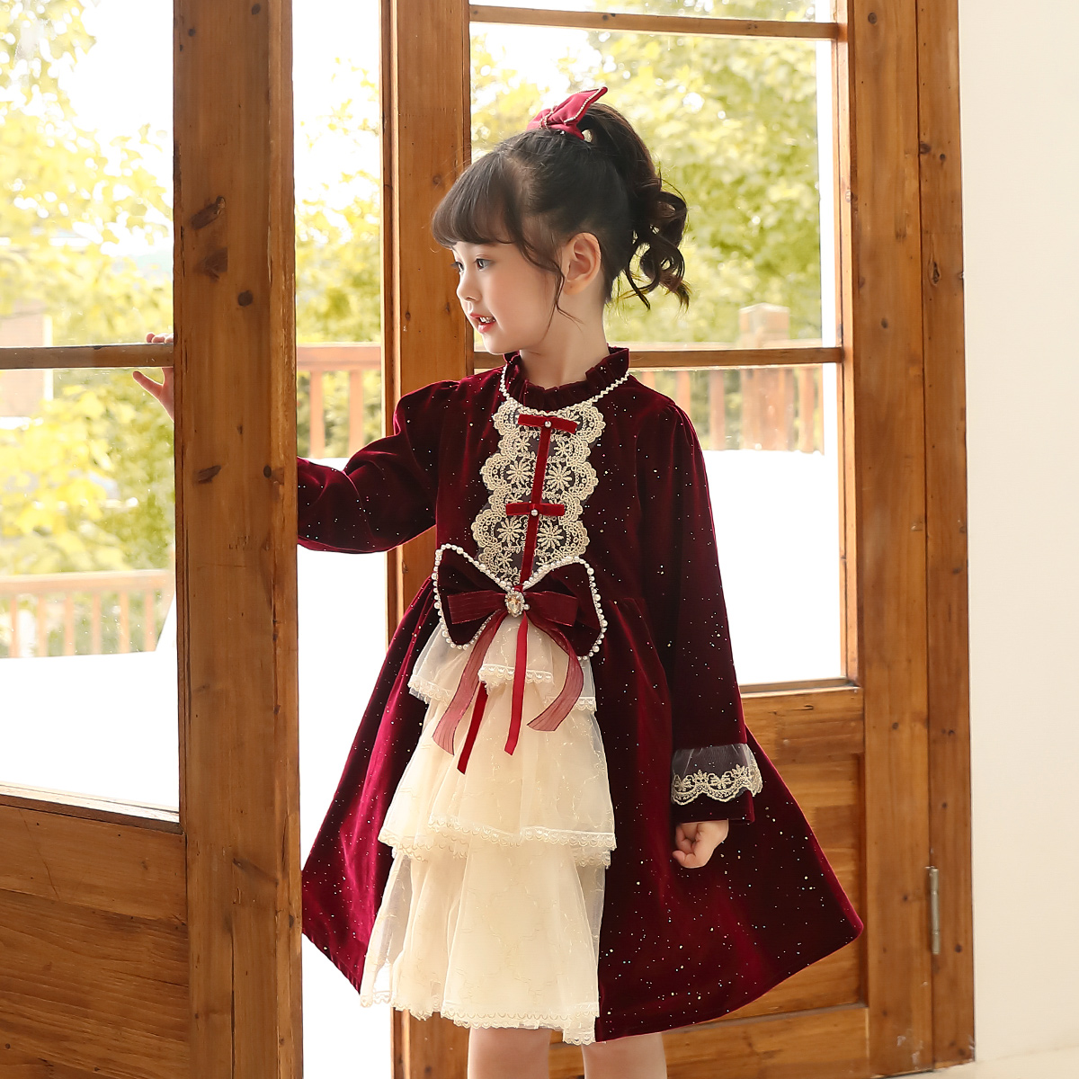 法式风洛丽塔儿童丝绒网纱裙