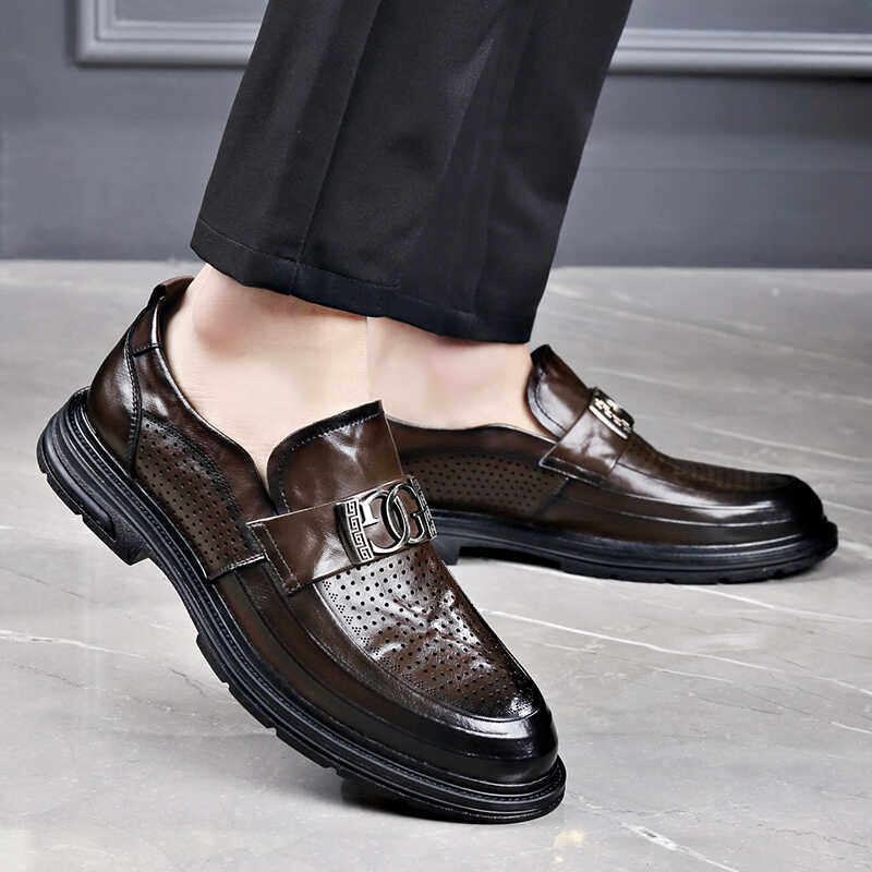 2024男鞋真皮头层镂空夏季薄款单鞋套脚软底透气搭扣厚底休闲皮鞋