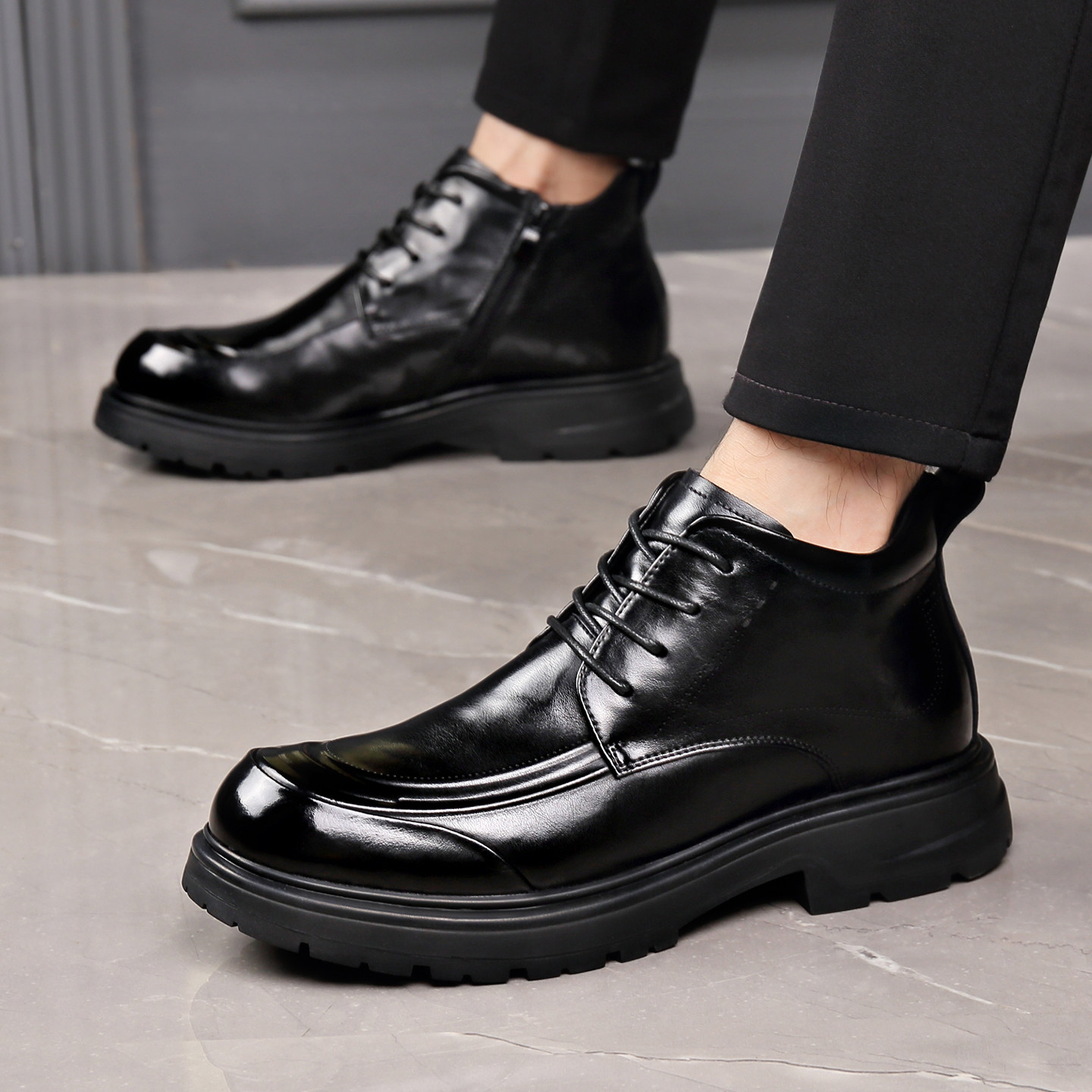 切尔西靴男真皮尖头英伦风短靴加绒厚底一脚蹬低帮牛皮马丁靴拉链