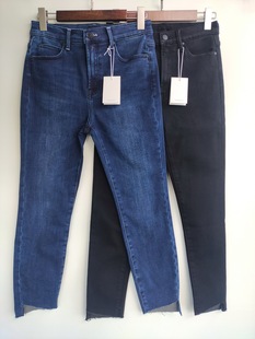 秋冬新款火山岩加绒弹力牛仔裤女 裤脚斜切口棉质织绒小脚裤靴裤