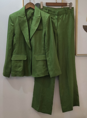 优雅老钱风 精神显白绿色亚麻西装+直筒长裤 休闲通勤西服套装女