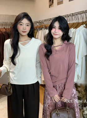 OCT/U.NI-冬上新V领拼接毛毛串绳抓绒上衣小衫33402