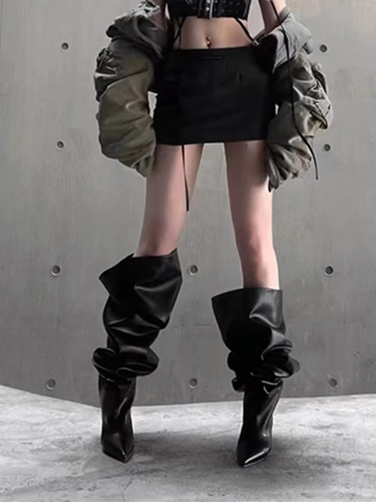 时尚潮流大筒围靴子女2026新款尖头欧美走秀高跟长靴套筒堆堆过膝