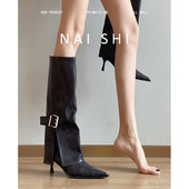 羊皮版 尖头骑士靴女皮带扣高跟裤 管靴细跟高筒直筒靴显瘦长靴